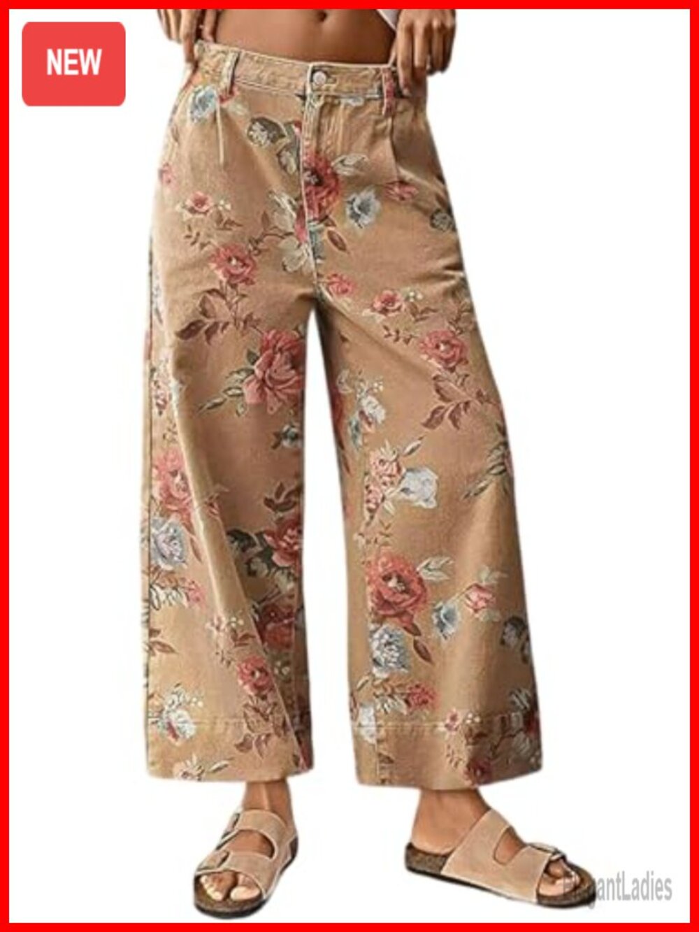 Women's Mid Rise Cropped Wide Leg Floral Print Distressed Jeans Denim Palazzo